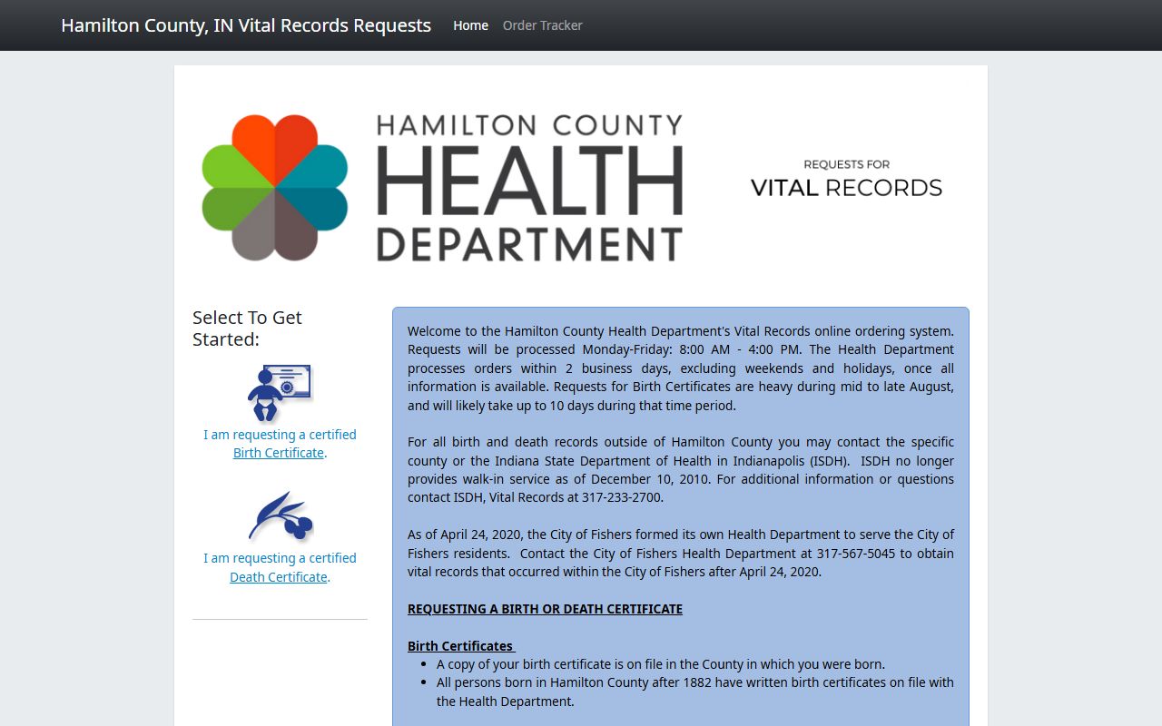 Hamilton County government website with vital records info for Carmel death records