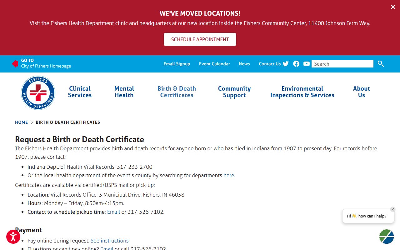Fishers Health Department birth and death certificate request page