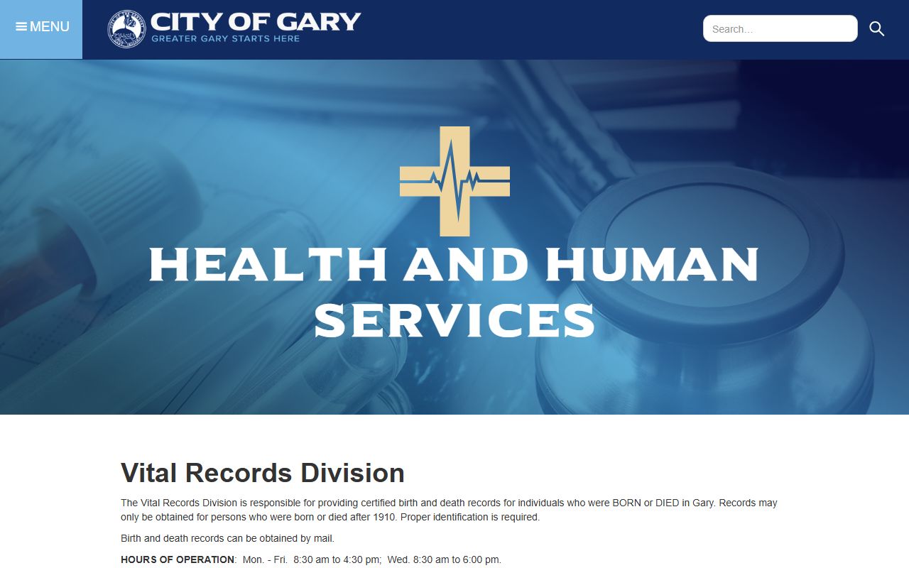Gary Health Department vital records page for death certificates