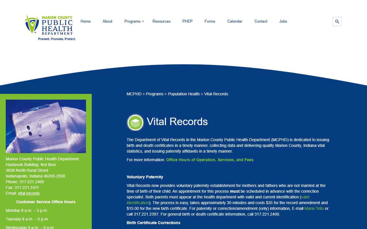 Marion County Public Health Department vital records page for Indianapolis death certificates