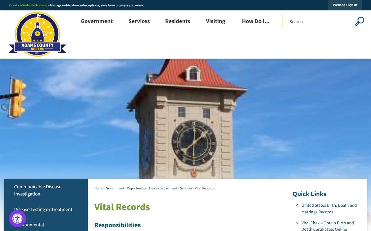 Adams County vital records page for death certificates