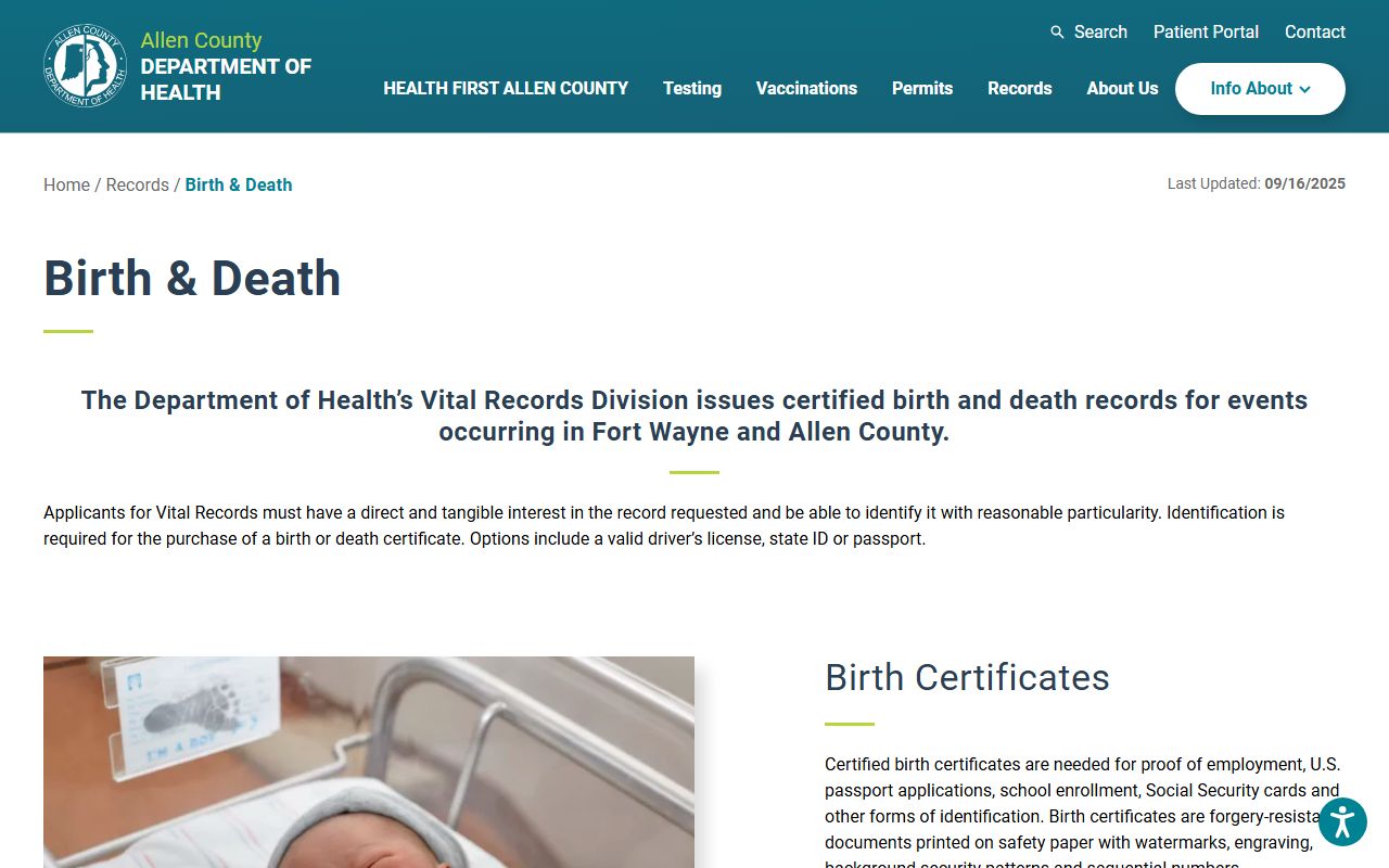 Allen County Department of Health vital records page for death certificates