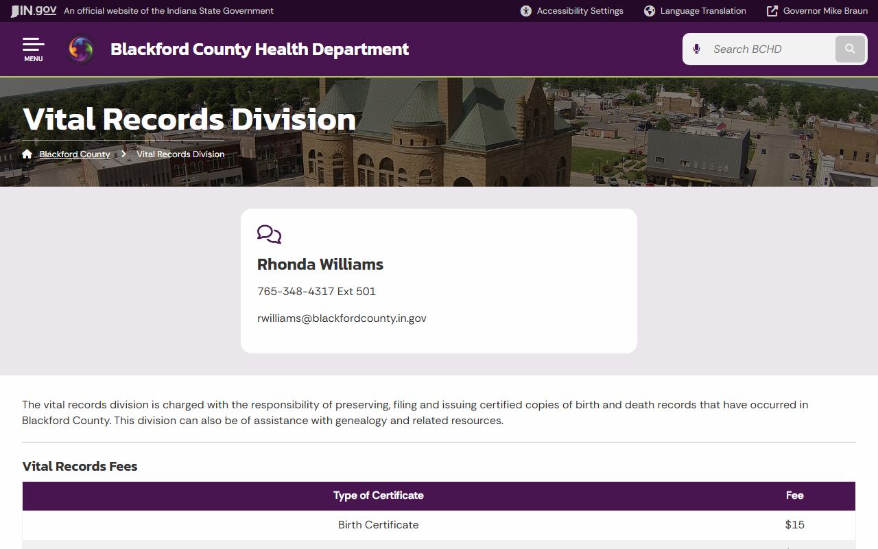 Blackford County vital records division page for death certificates