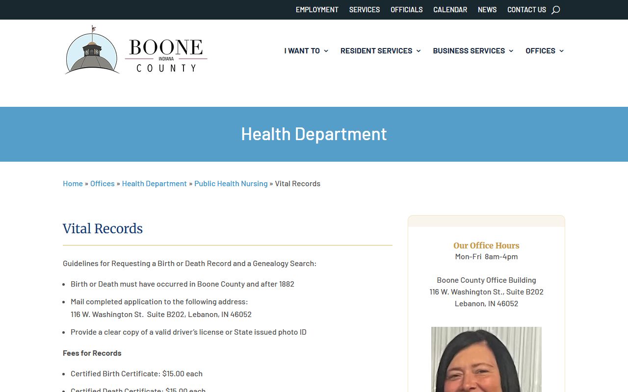 Boone County Health Department vital records page for death certificates