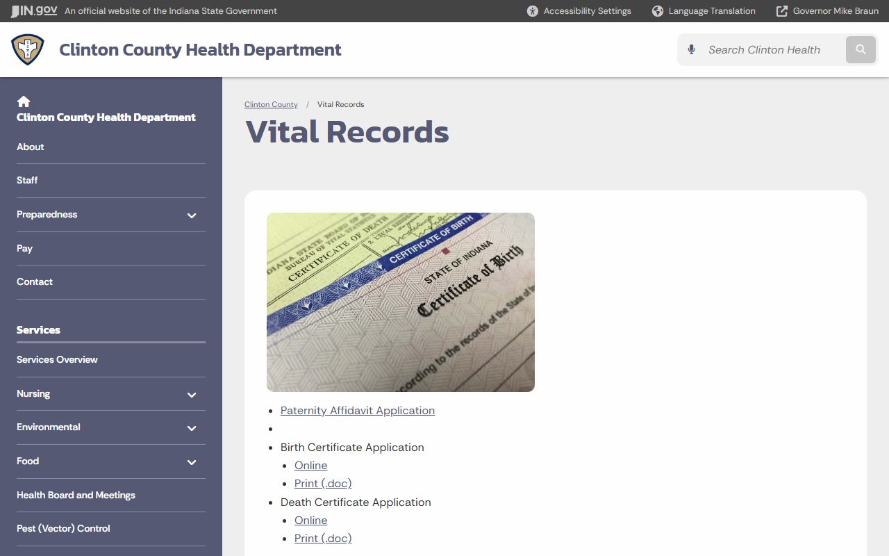Clinton County Health Department vital records page for death certificates