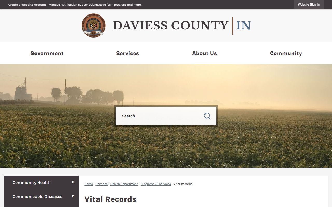 Daviess County vital records page for death certificates