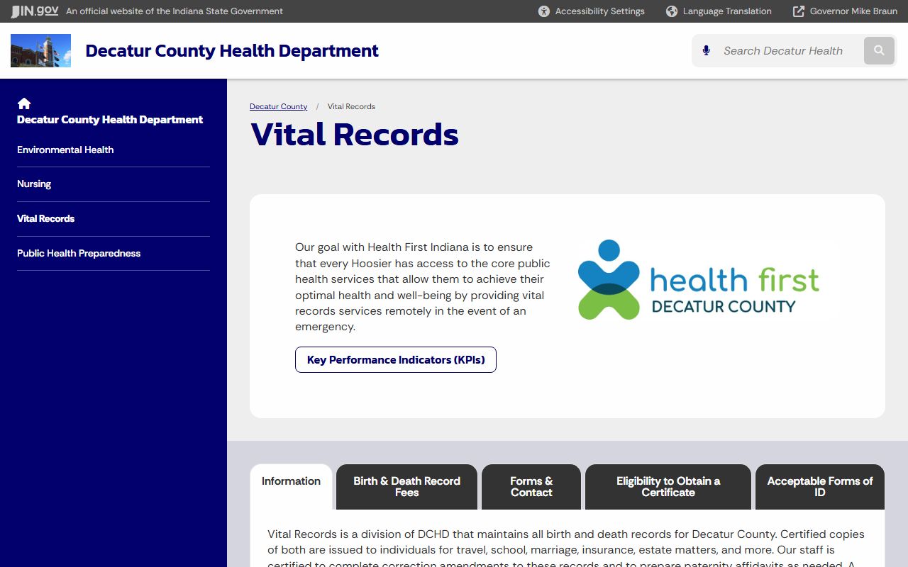 Decatur County vital records page for death certificates