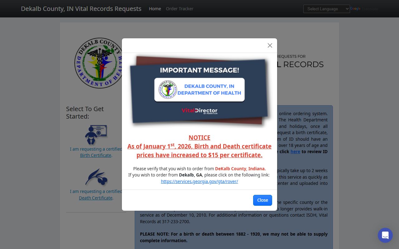 DeKalb County Permitium online vital records ordering portal