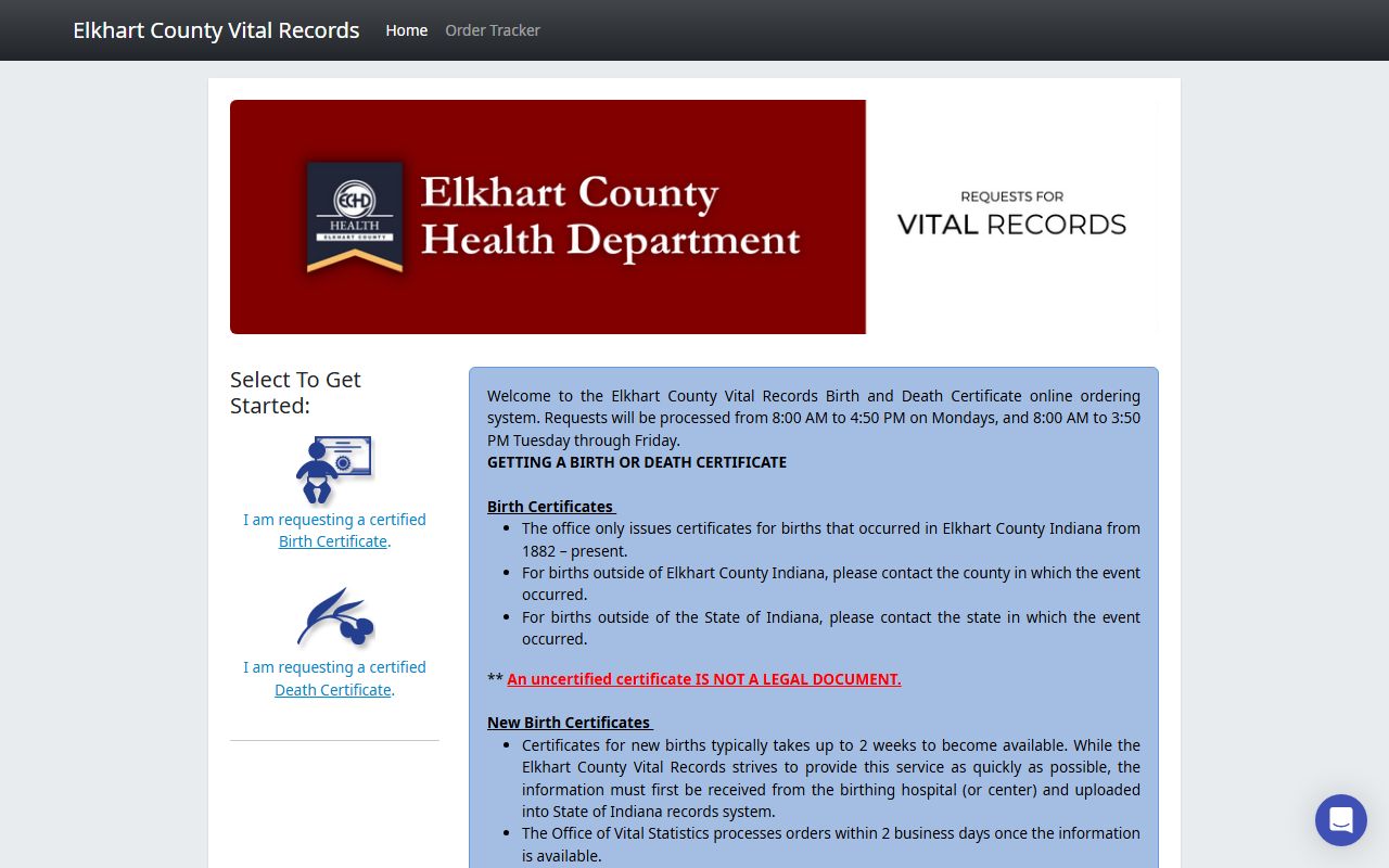 Elkhart County Permitium online vital records ordering portal