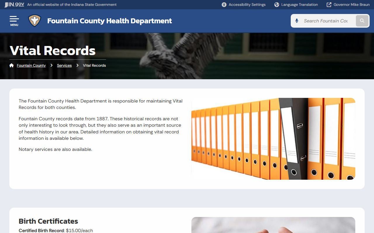 Fountain County vital records page for death certificates