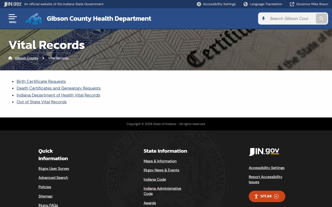 Gibson County vital records page for death certificates
