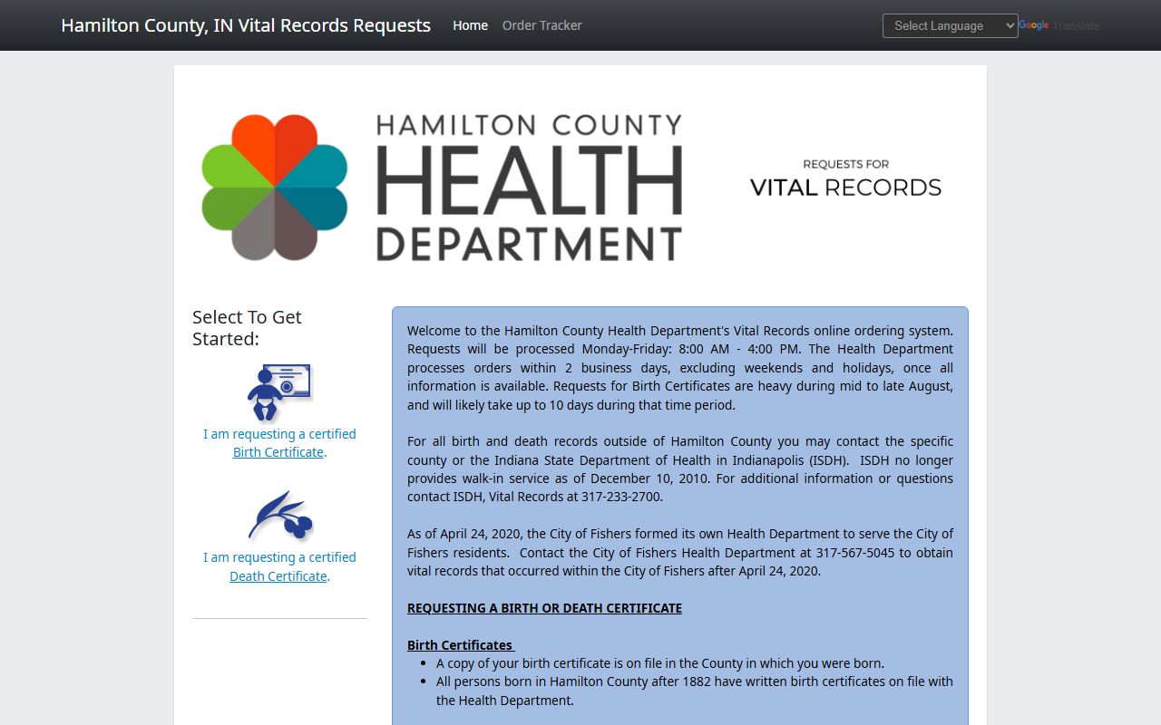 Hamilton County online vital records ordering system