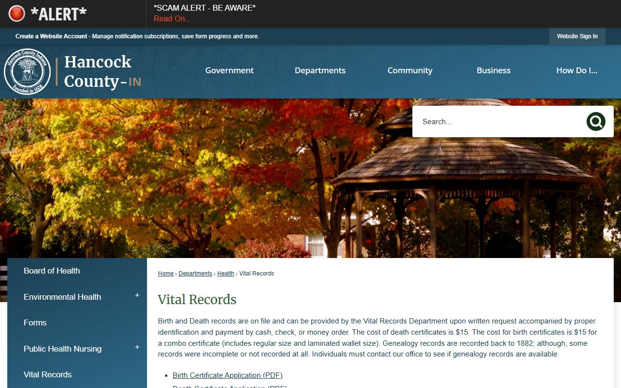 Hancock County vital records page for death certificates
