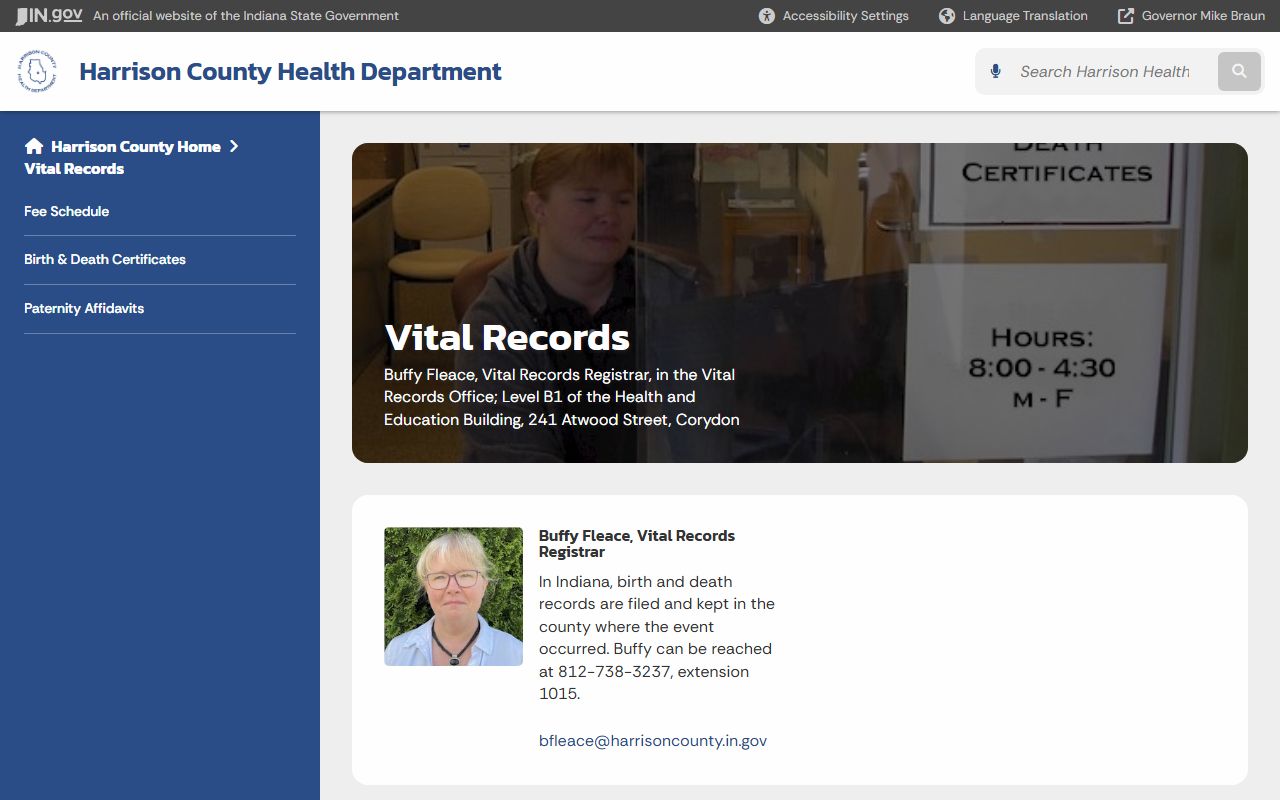 Harrison County vital records page for death certificates