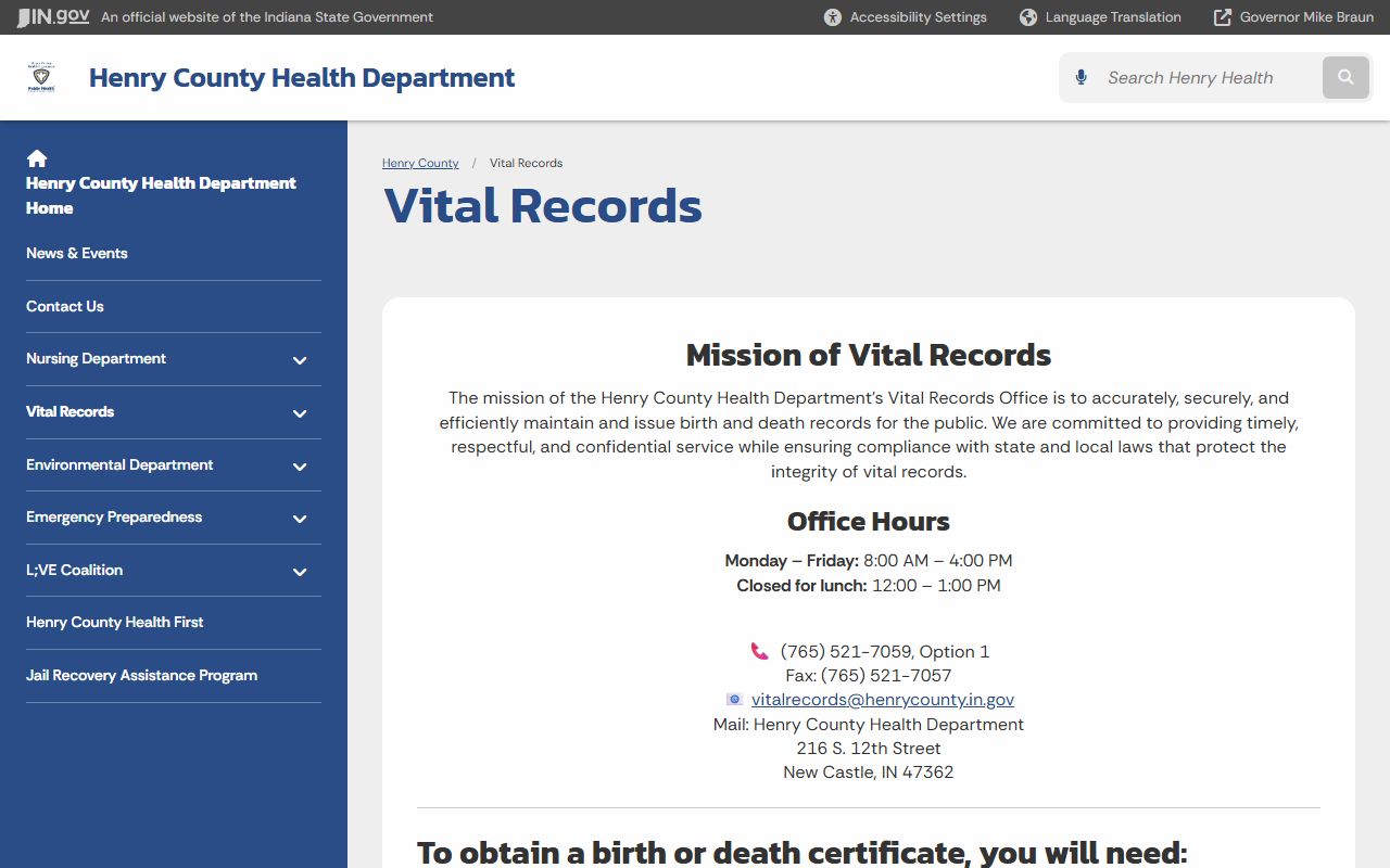 Henry County Health Department vital records page for death certificates