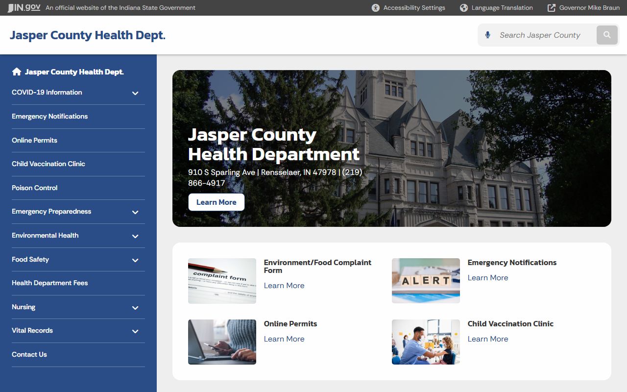 Jasper County Health Department page for death records and vital records services