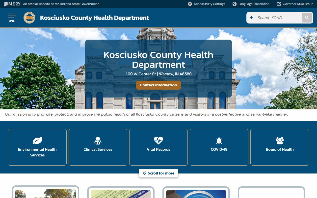 Kosciusko County Health Department page with vital records information for death certificates