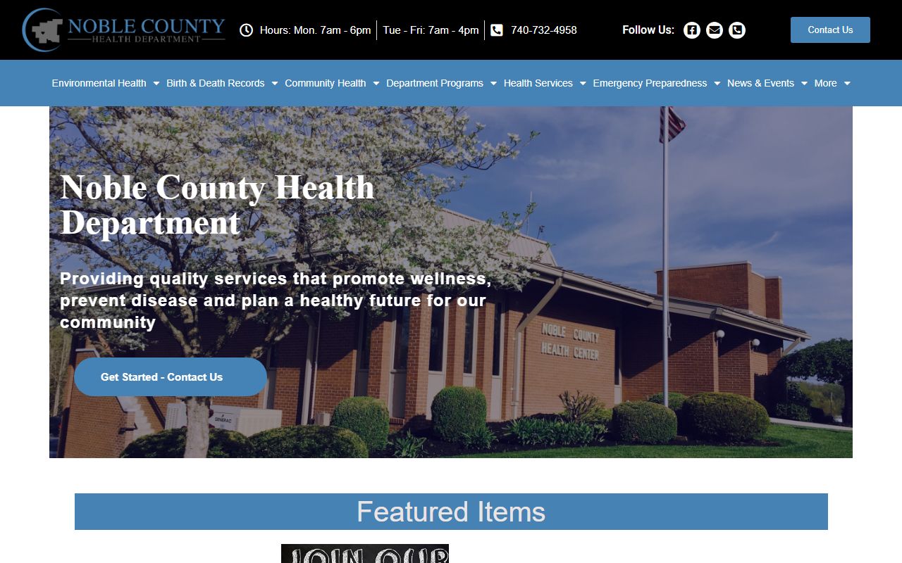 Noble County Health Department website showing vital records and death certificate services