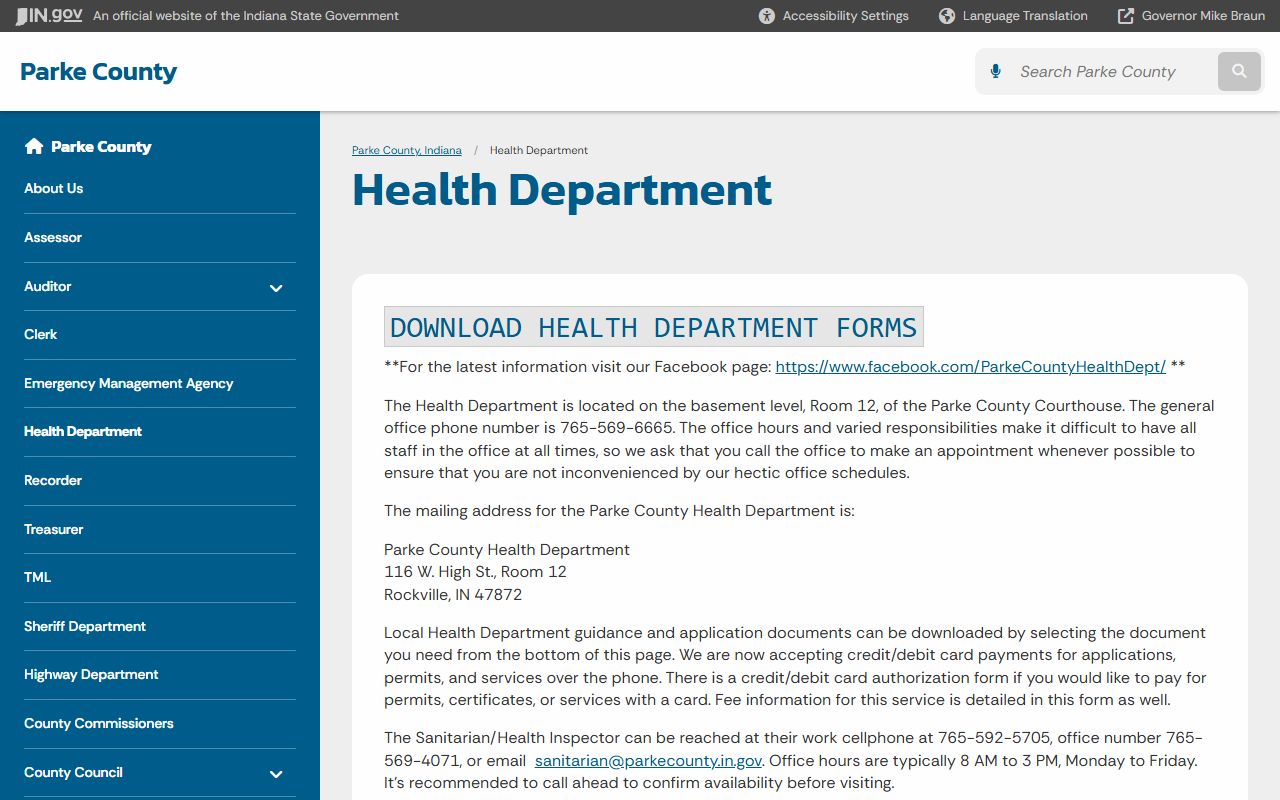 Parke County Health Department page for death records