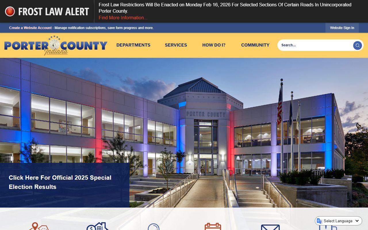 Porter County government website showing health department and death records services