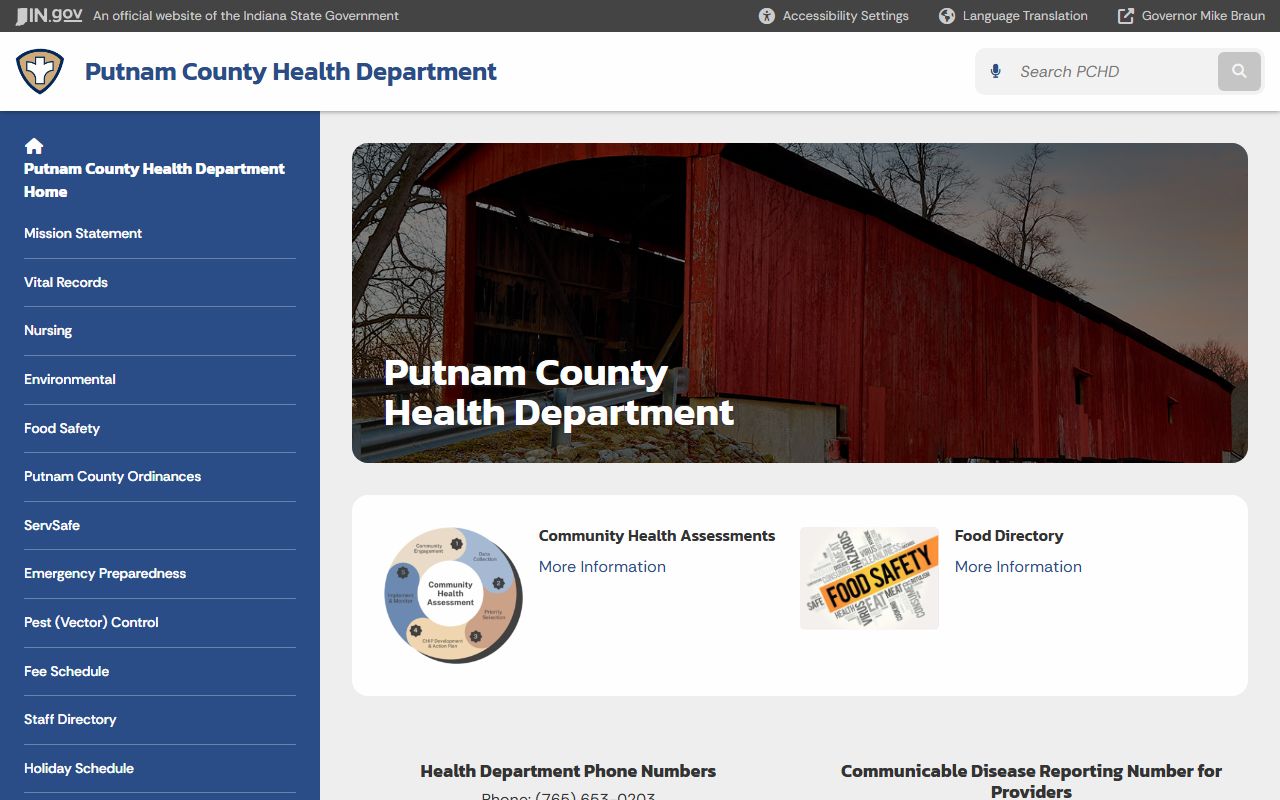 Putnam County Health Department page showing vital records and death certificate services