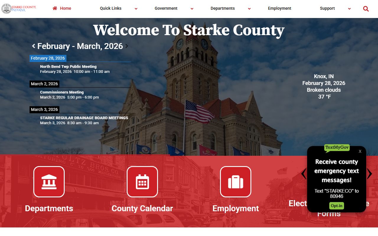 Starke County government website showing health department and death records services