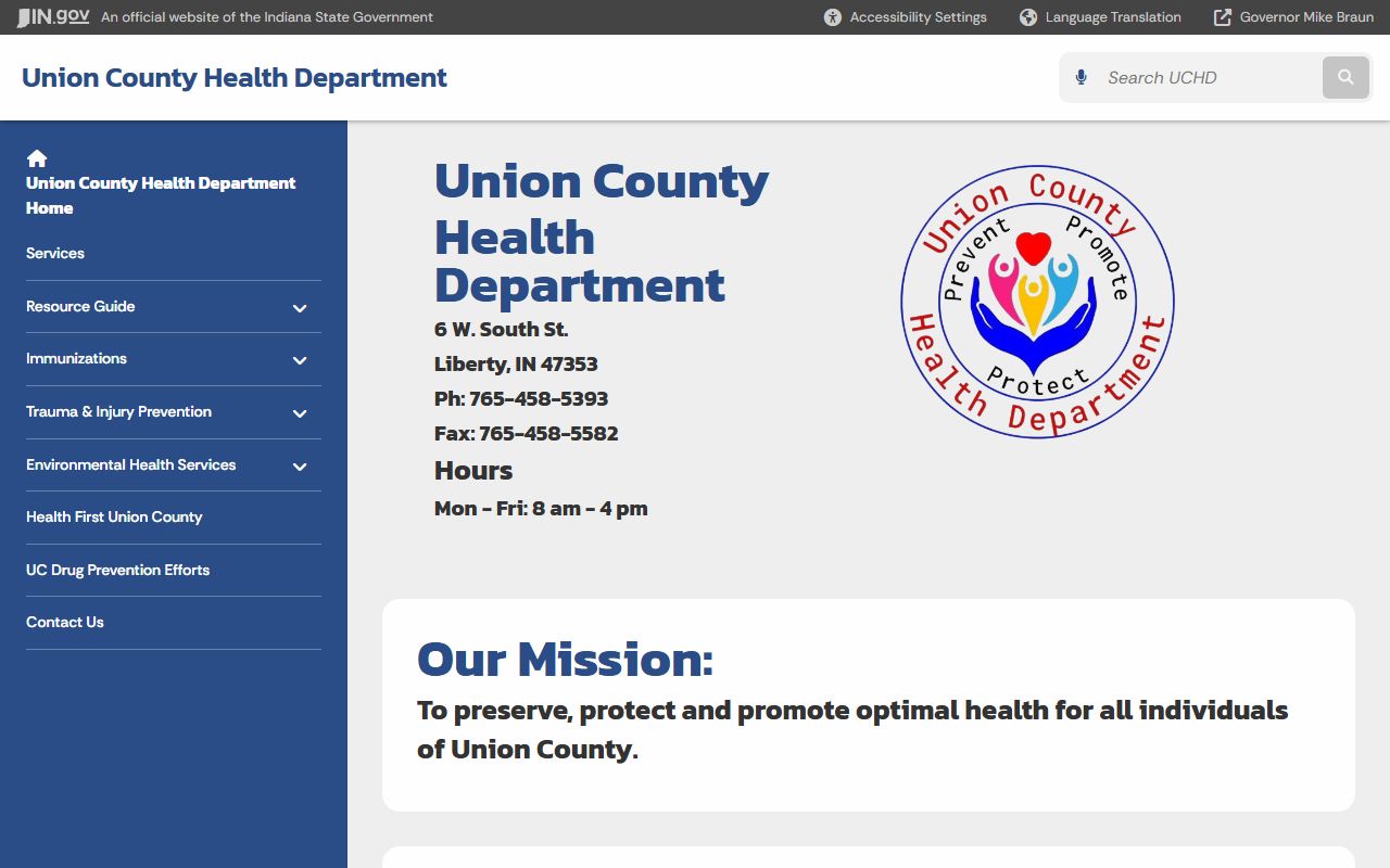 Union County Health Department page showing vital records services for death certificates