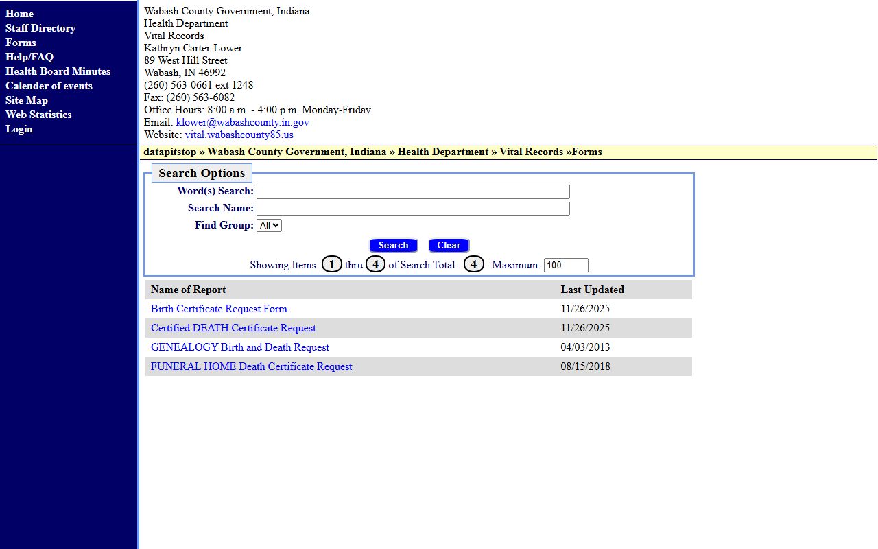 Wabash County vital records website showing death certificate ordering information