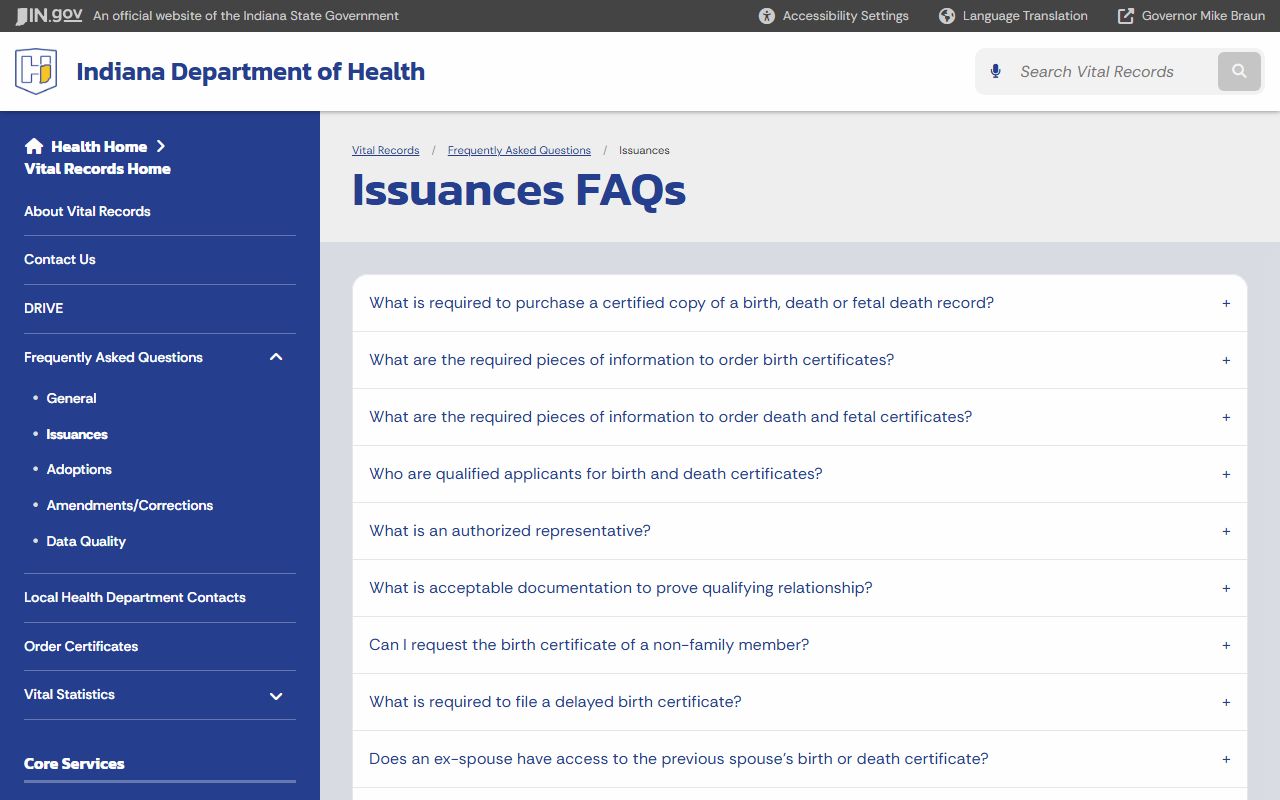 Indiana vital records FAQ page for death certificate eligibility