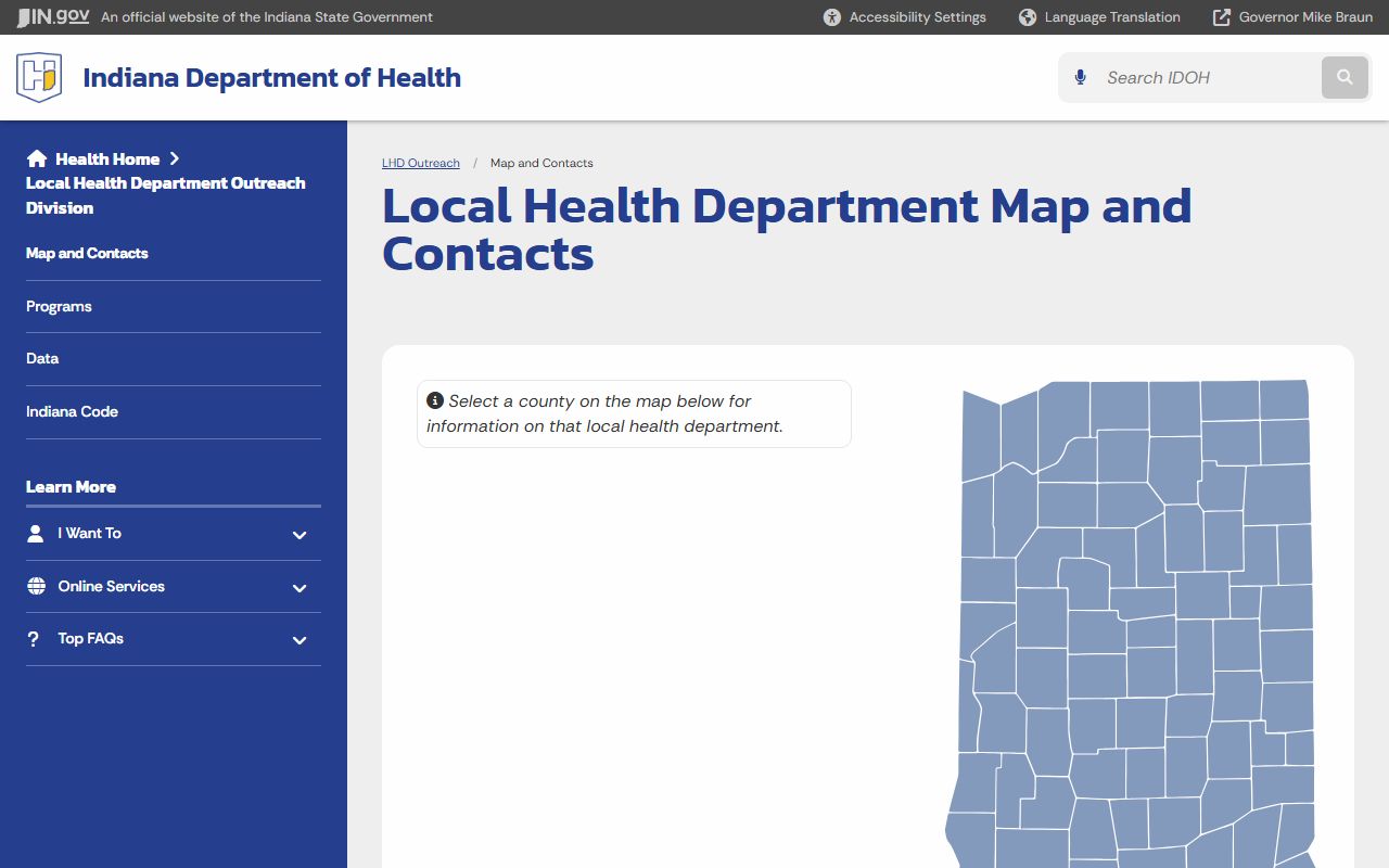 Indiana local health department map for finding death records offices