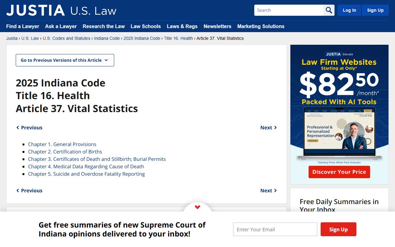 Indiana Code Title 16 Article 37 vital records legal reference