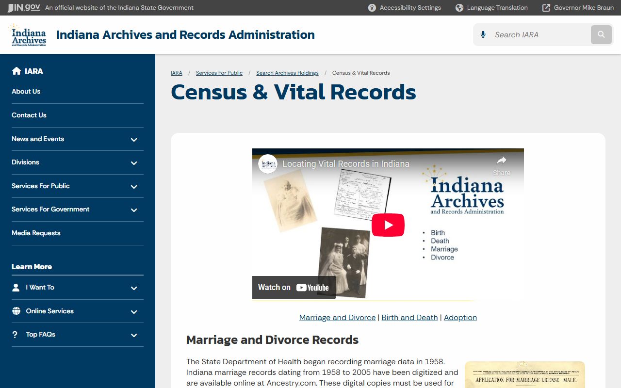 Indiana Department of Health vital records portal for death certificates