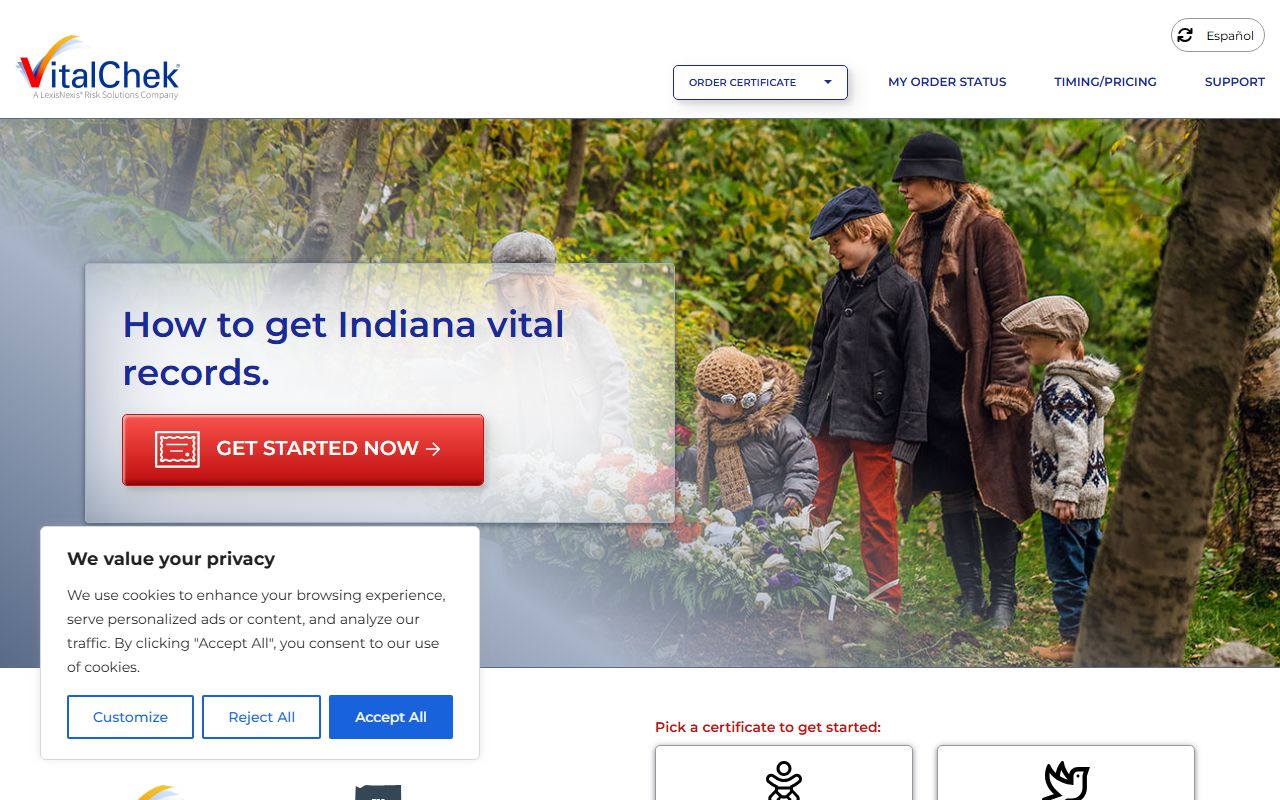 VitalChek ordering page for Indiana death certificates